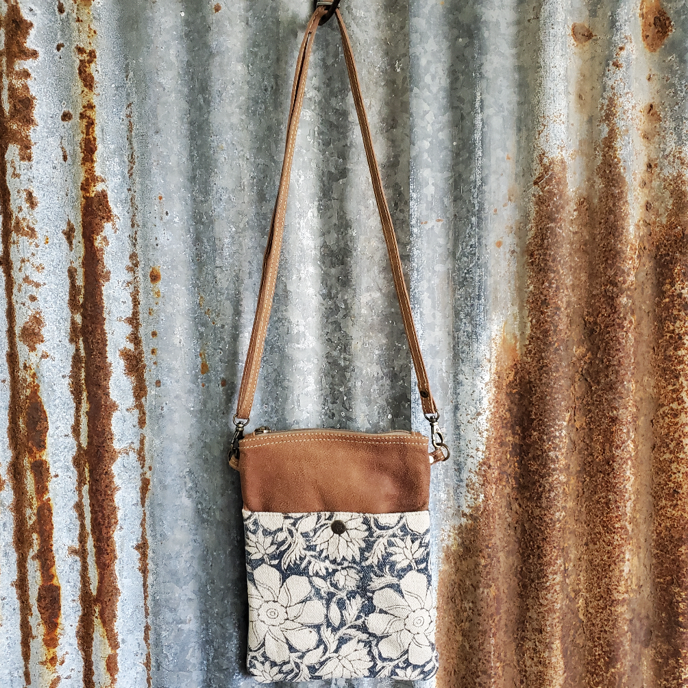 Blue and Cream Floral Crossbody Front
