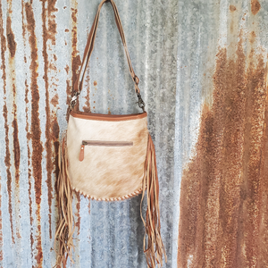 Brown and White Cowhide Stitch Crossbody Back