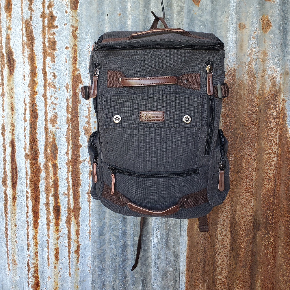 canvas leather backpack rucksack Black Canvas Backpack, Laptop Sleeve, 4 Compartments, Padded Strap GK