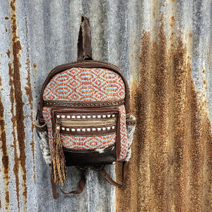 Dark Leather Backpack, Double Diamond Pattern, 4" Handle, Leather Adjustable Shoulder Strap - Myra