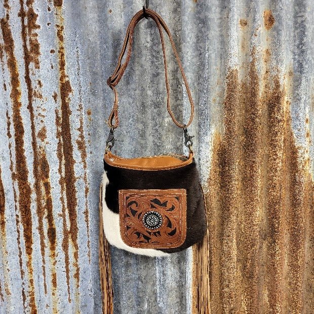 Black and White Cowhide Crossbody, Fringe, Hand-Tooled, 23" Leather Shoulder Adjustable Strap - Myra