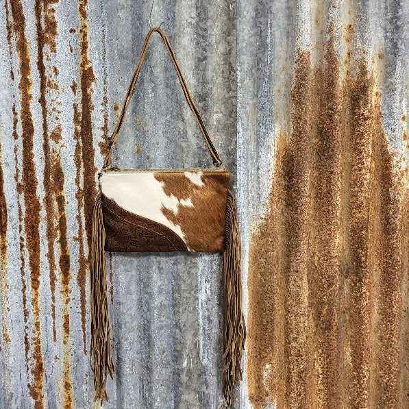 Small Cowhide Hand Tooled Crossbody Front