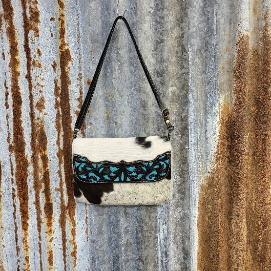Blue Crescent Cowhide Crossbody Front