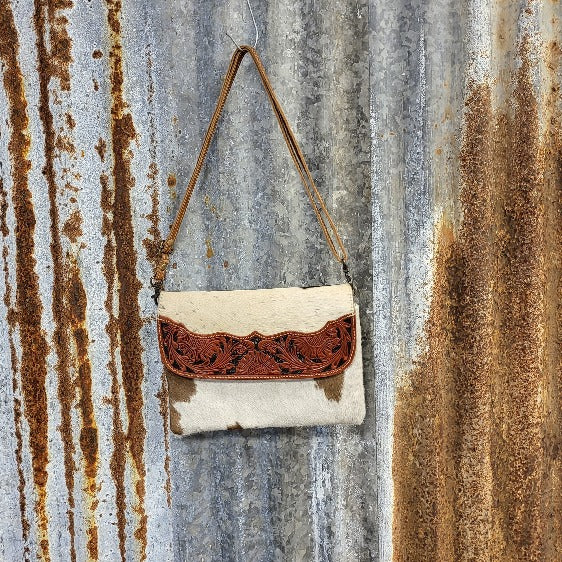 Brown Crescent Cowhide Crossbody Front