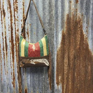 Mustard Canvas Indian Summer Crossbody, Leather Bottom, Fringe, 22" Leather Adjustable Strap - Myra