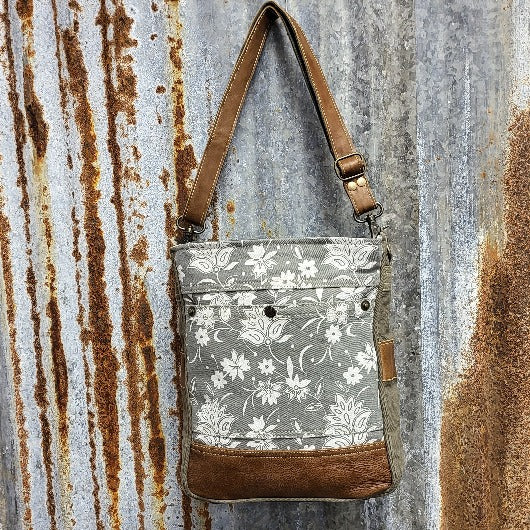 Gray Canvas, Cream Blossom Pattern Crossbody, Leather Trim, 22" Leather Adjustable Strap - Myra