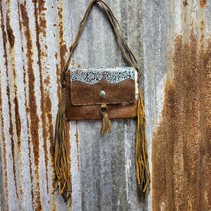 Brown Cowhide Crossbody, Hand-Tooled Fold-Over, Fringe, Concha, 22" Leather Adjustable Strap - Myra