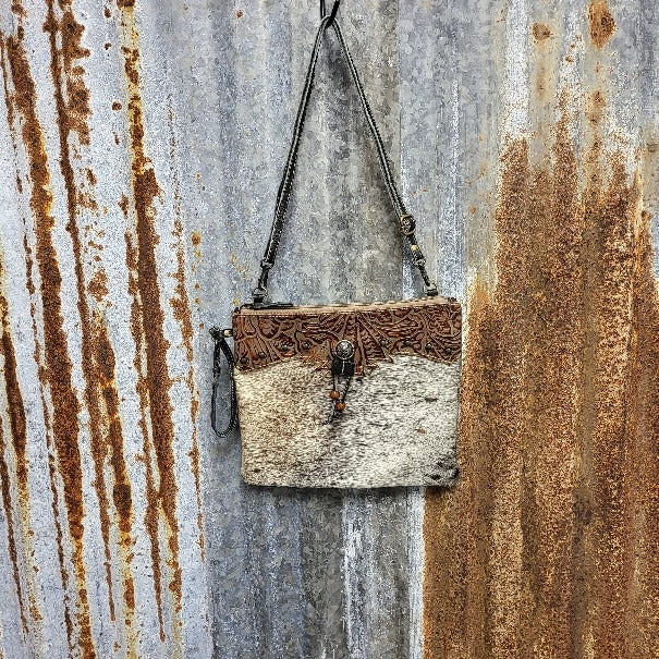 Gray Canvas, Cowhide, Laredo Leather, 7" Leather Wristlet, 22" Leather Adjustable Strap - Myra