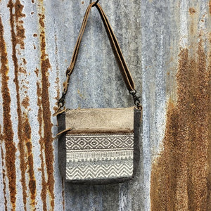 Small Charcoal Canvas, Horizontal Pattern Crossbody, Cowhide, 22" Adjustable Shoulder Strap - Myra