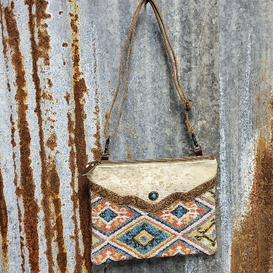 Brown Canvas, Colorful Pier Crossbody, Cowhide, Leather, Concha, 23" Leather Adjustable Strap - Myra
