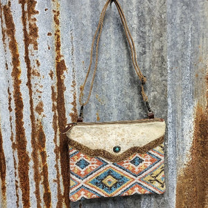 Brown Canvas, Colorful Pier Crossbody, Cowhide, Leather, Concha, 23" Leather Adjustable Strap - Myra