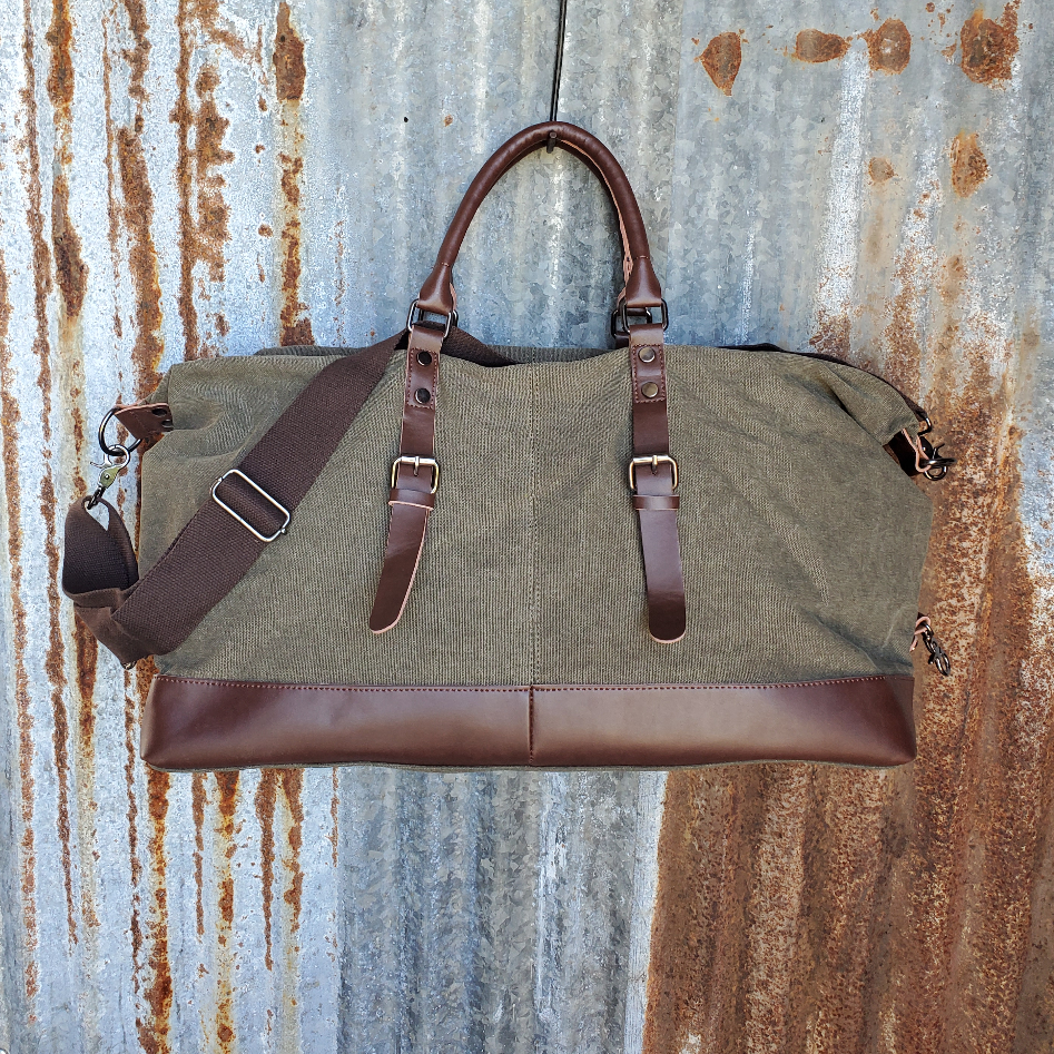 Olive Canvas and Leather Duffel Bag Back