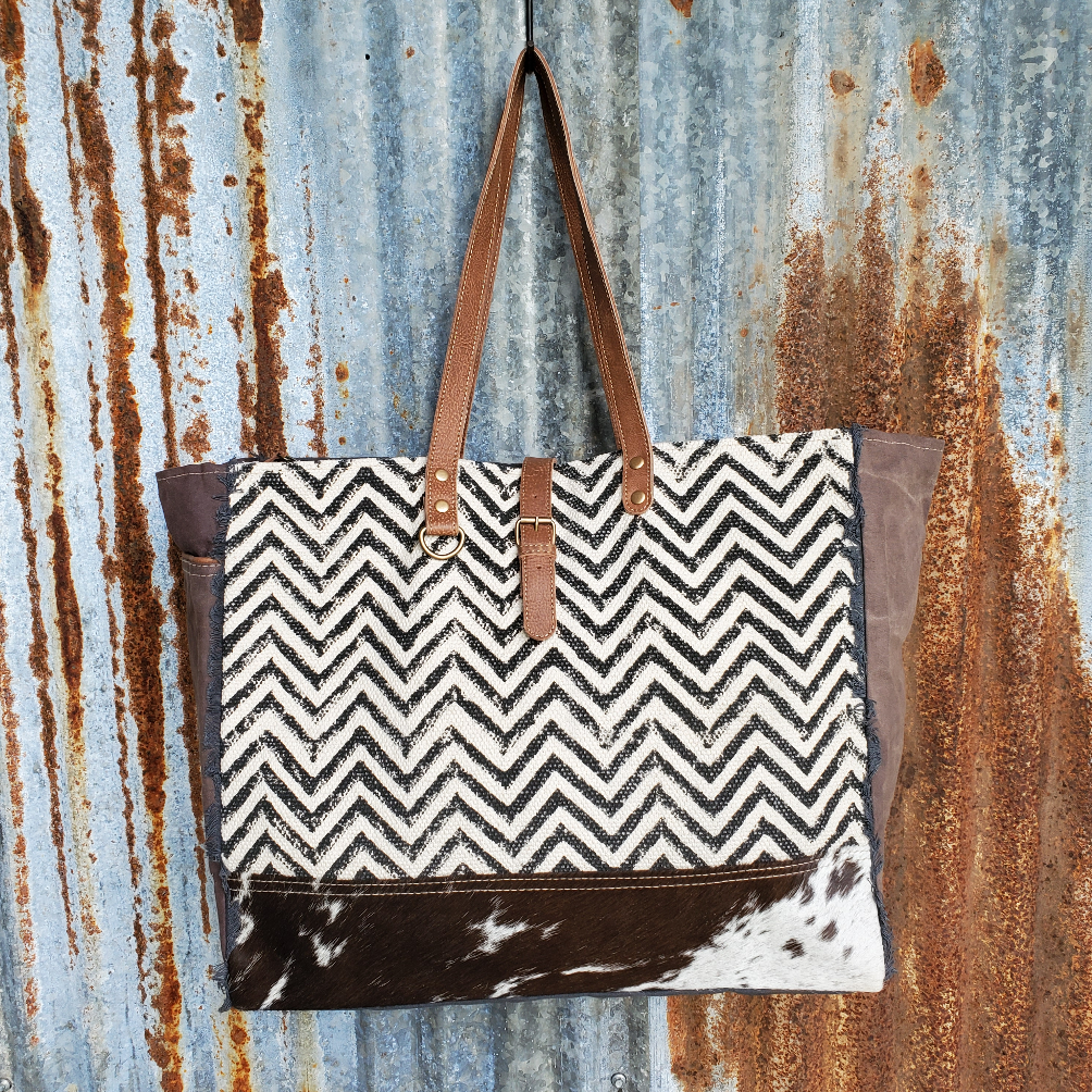 Black and White Canvas, Chevron and Cowhide Weekender Front