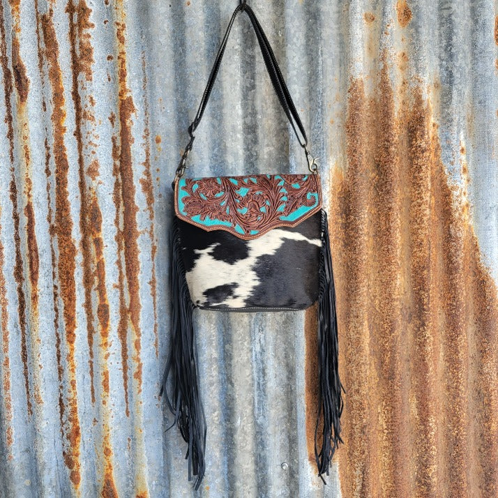 Teal Hand Tooled Crossbody Front
