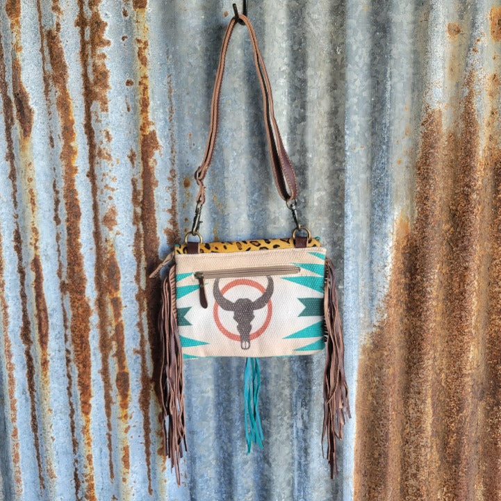 Teal and Cream Rug, pyramid Pattern, Cheetah Fold-Over Flap. 24" Adjustable Shoulder Strap - Myra