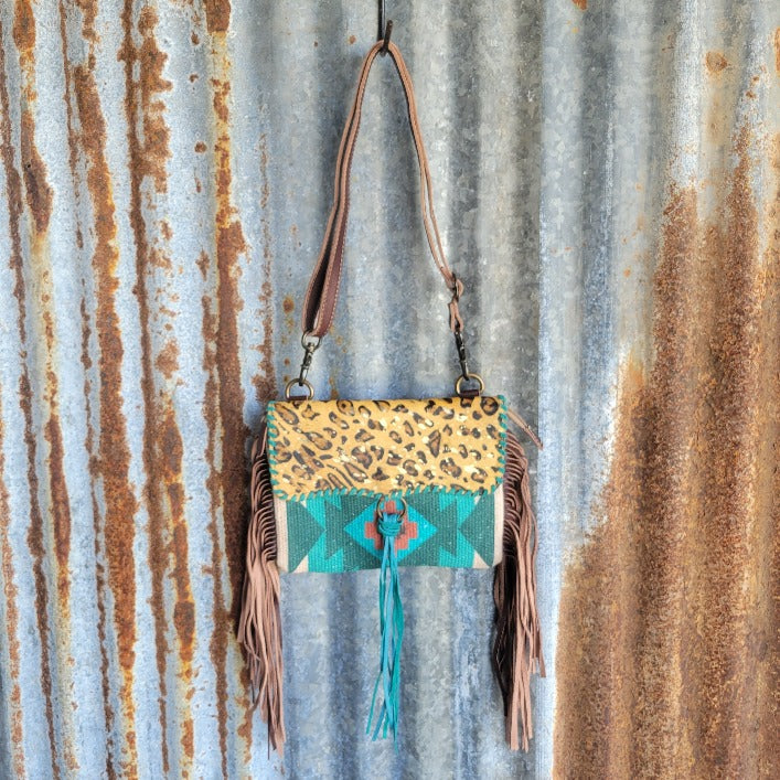 Longhorn Teal Fringe Crossbody Front