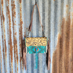 Longhorn Teal Fringe Crossbody Front