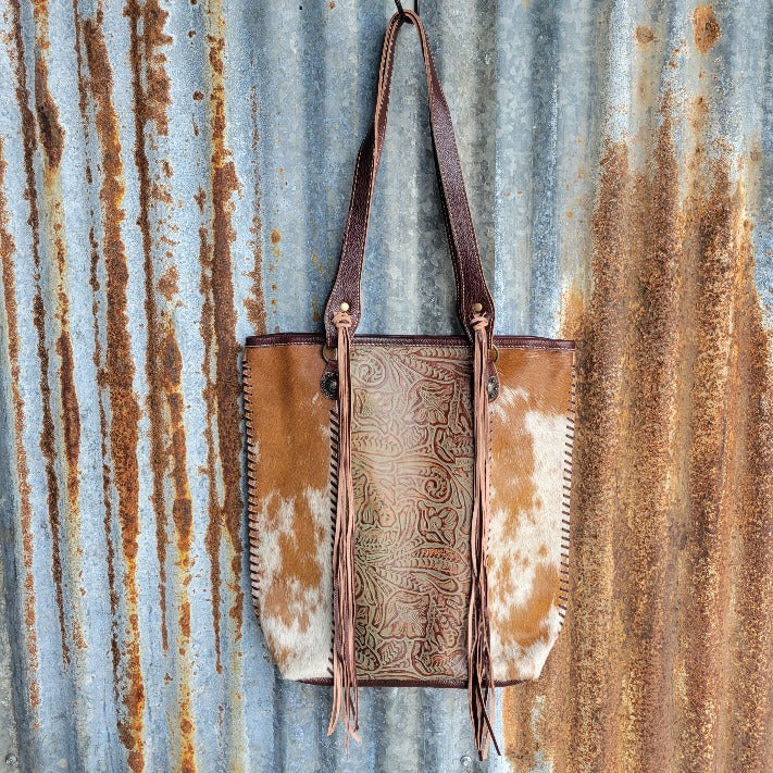 Brown White Laredo Leather Tote Front