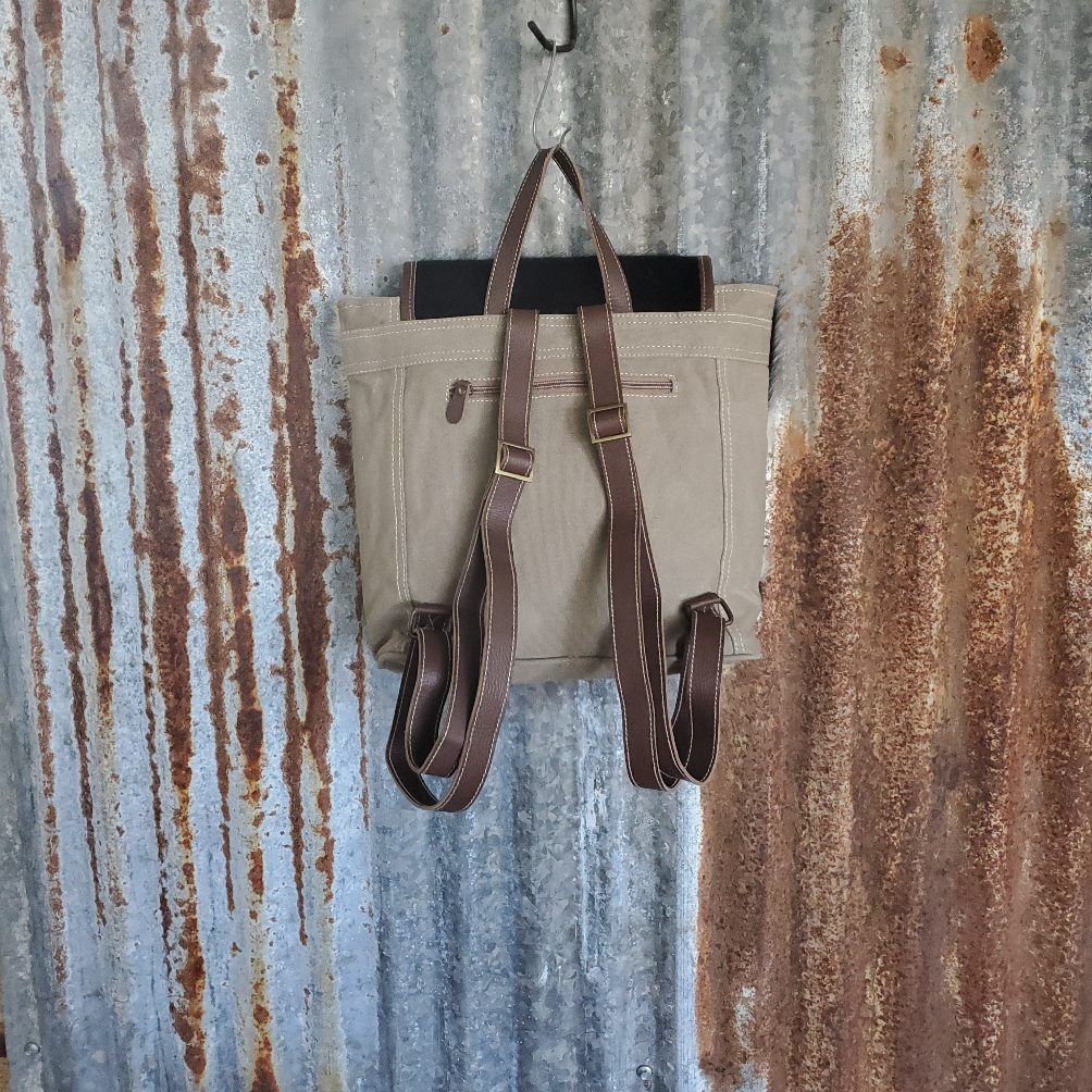 Tan Canvas Teal Pattern Backpack Back