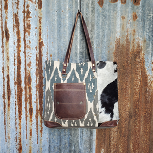 Blue Flame Pattern and Cowhide Trim Tote Front