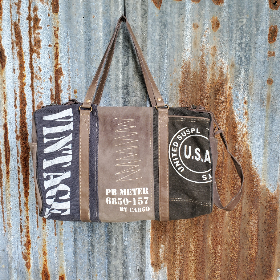 Blue and Brown Vintage Duffel Bag Front
