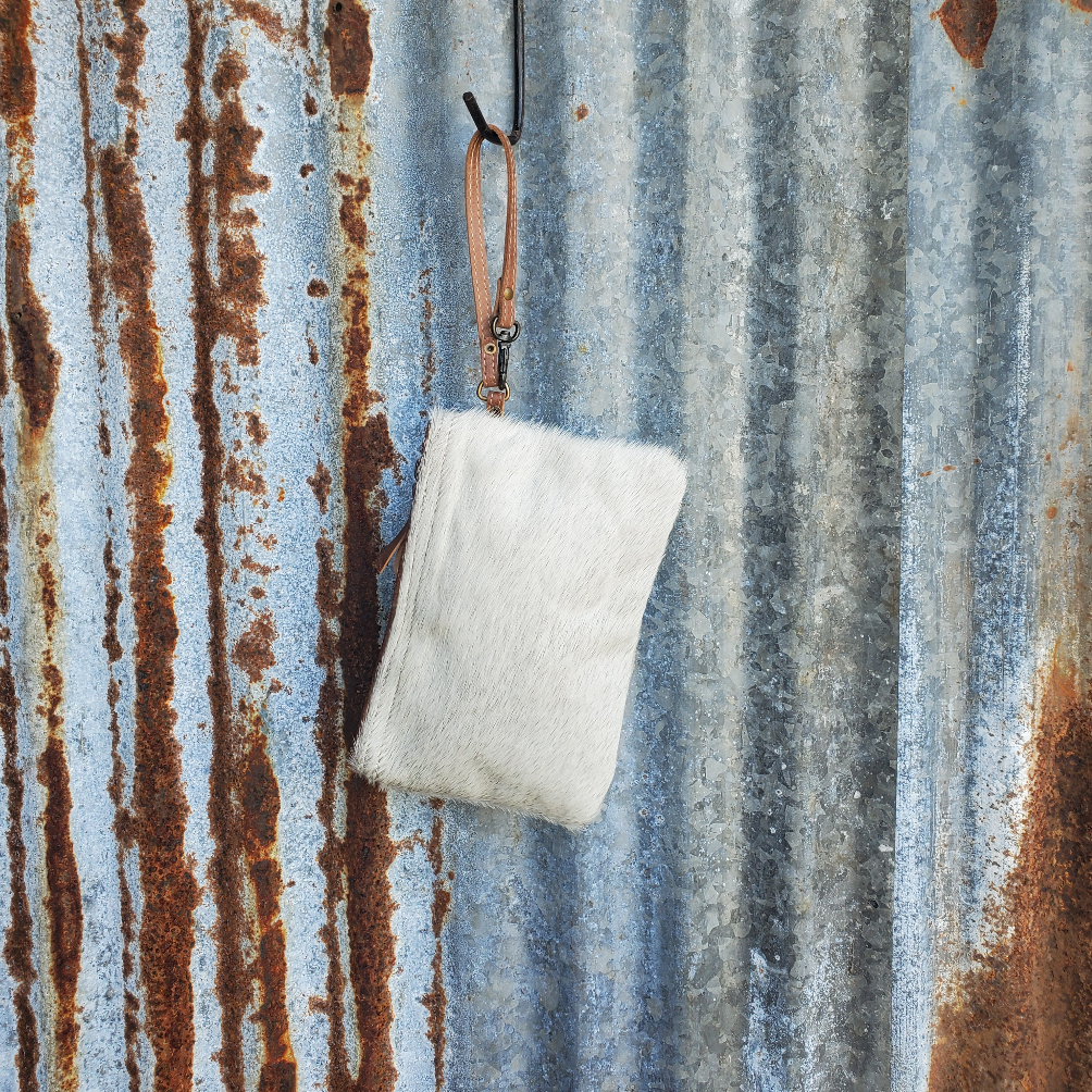 White and Brown Cowhide Wristlet Back