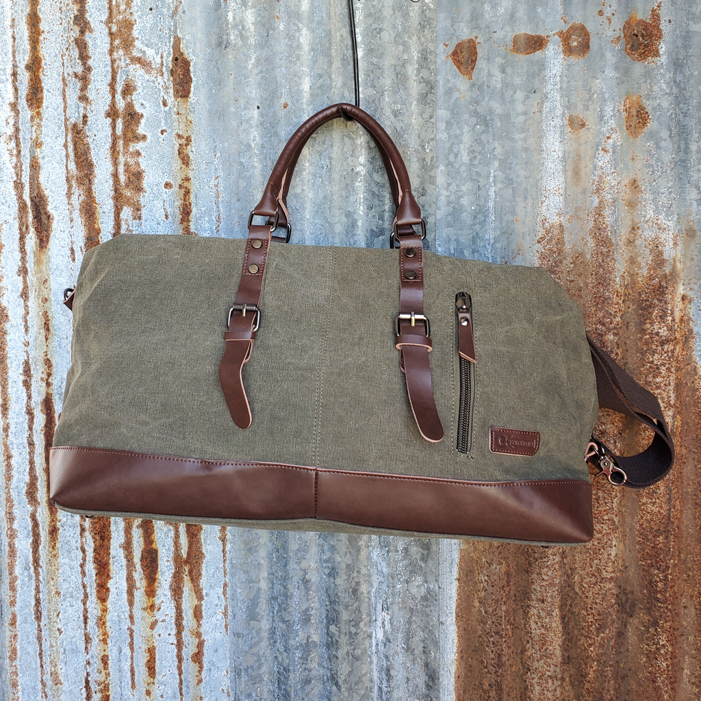 Olive Canvas and Leather Duffel Bag Front