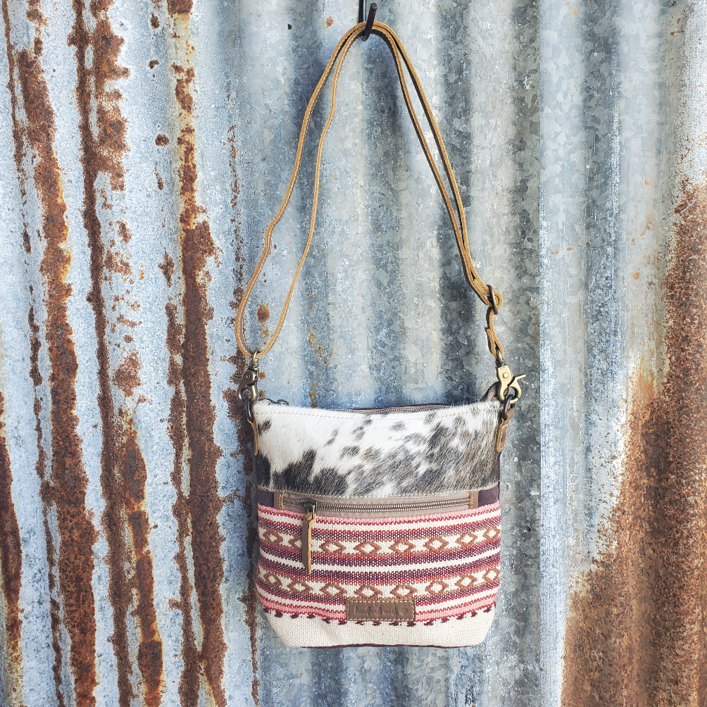 Periwinkle and Cowhide Crossbody Front