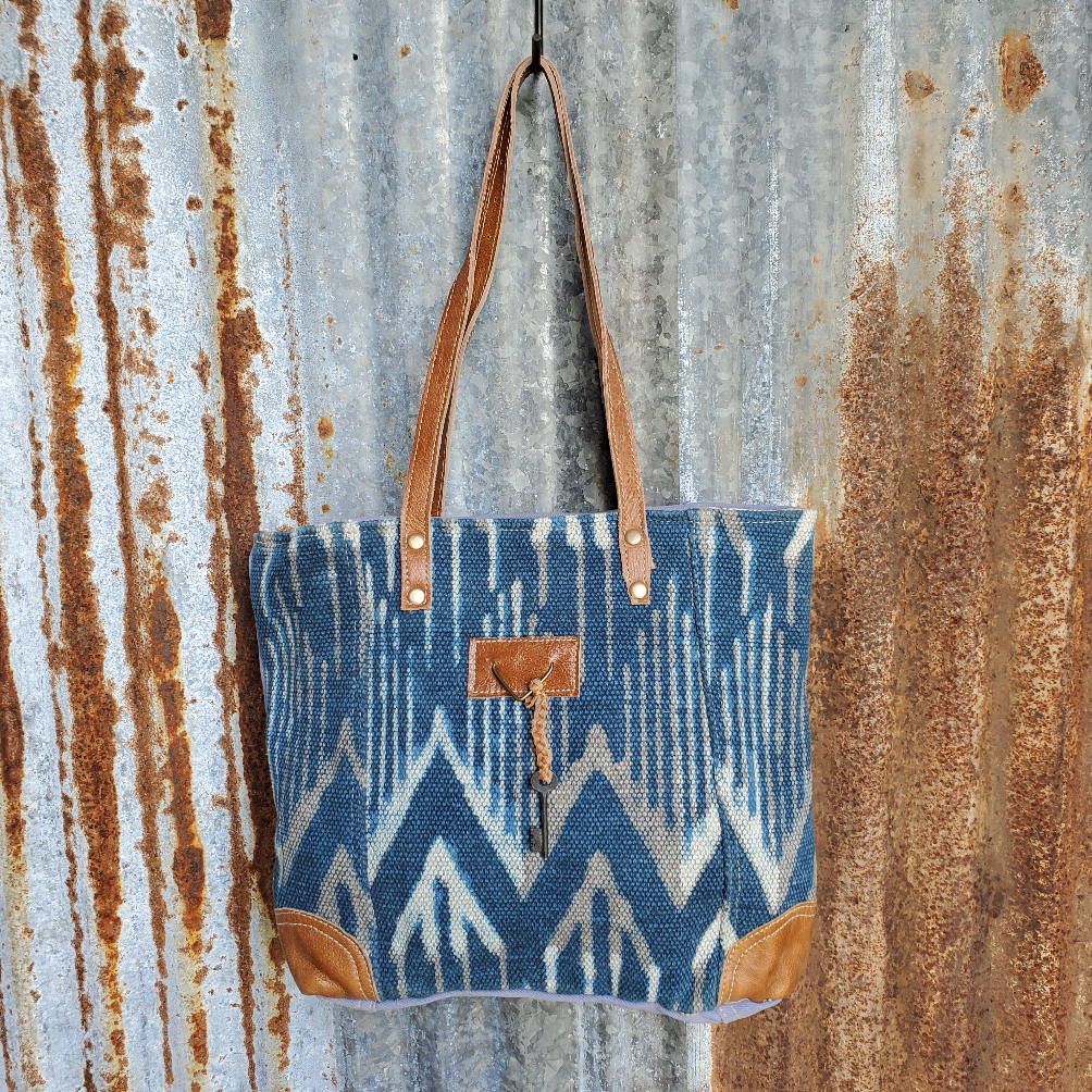 Large Blue and Cream Canvas, Mountain Scene Pattern Tote, Back Pocket, 12" Shoulder Straps - Myra