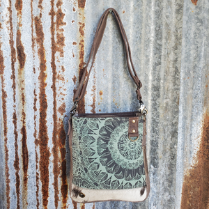 Turquoises  Floral Cowhide Bottom Trim Cross Body Front