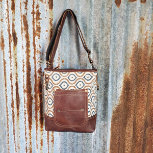Brown, Blue and Cream Leather Pocket Cross Body Front