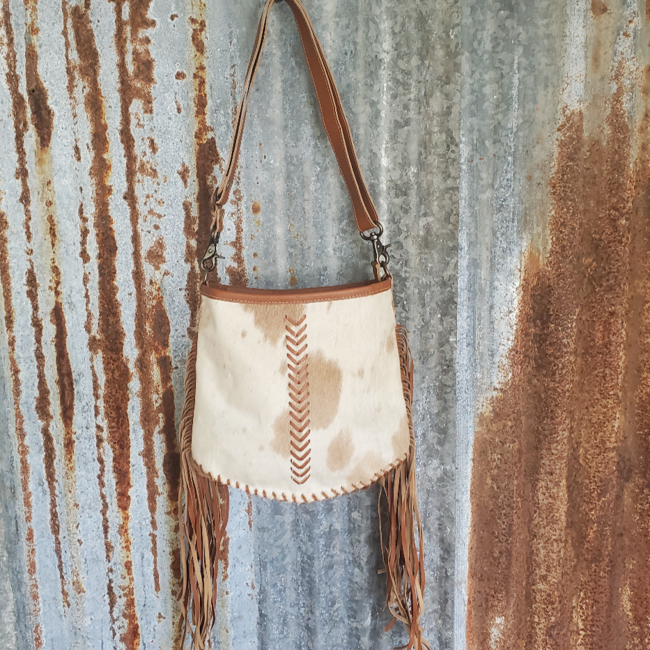 Brown and White Cowhide Stitch Crossbody Front
