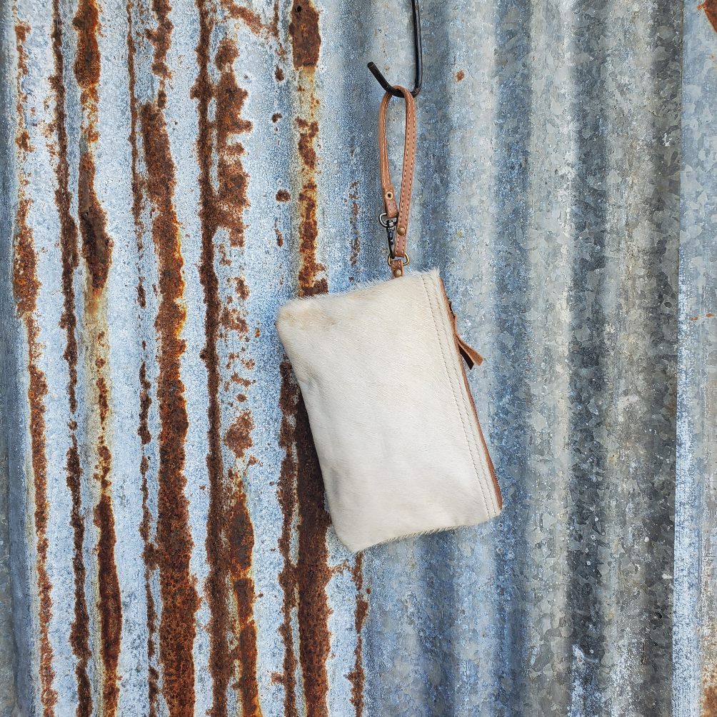 White and Brown Cowhide Wristlet Front
