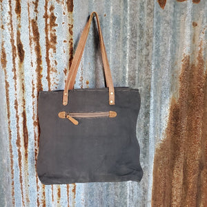 Green Canvas Brown and White Cowhide Tote Back