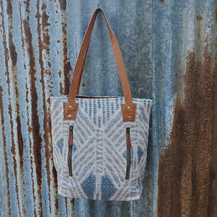 White and Blue Canvas, Conceal and Carry, Hand-Tooled Leather Bottom, 12" Shoulder Straps -Myra