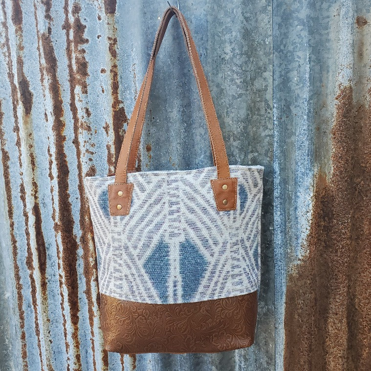 White and Blue Canvas, Conceal and Carry, Hand-Tooled Leather Bottom, 12" Shoulder Straps -Myra