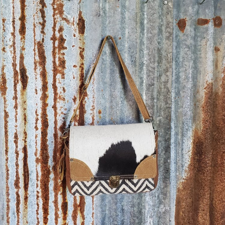 Chevron Cowhide Fold Over Cross Body Front