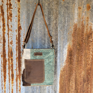 Tan and Teal Conceal Carry Crossbody, 26" Adjustable Strap, Leather Pocket Cowhide Trim- SB