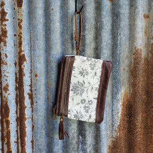 White Floral Pattern Leather Wristlet Front