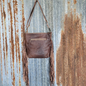 Hand-Tooled Leather Crossbody, Cowhide Trim, Front and Back Pockets, 24" Adjustable  Strap - Myra