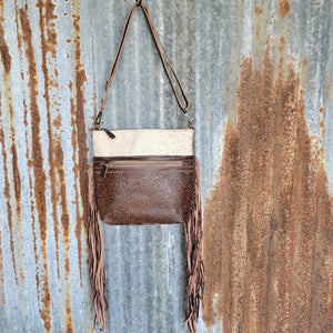 Hand-Tooled Leather Crossbody, Cowhide Trim, Front and Back Pockets, 24" Adjustable  Strap - Myra