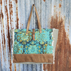 Vibrate Green, Gold and Blue Canvas Weekender Bag Front