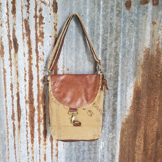 Leather Fold Over Flap and Canvas Cross Body Front 