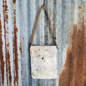 Small White Cowhide, Leather, Gold Speckle Pattern Cross Body, 22" Leather Adjustable Strap - Myra