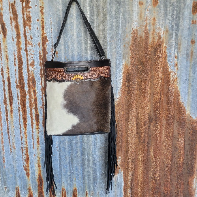 Black Fringe Hand Tooled Leather Front