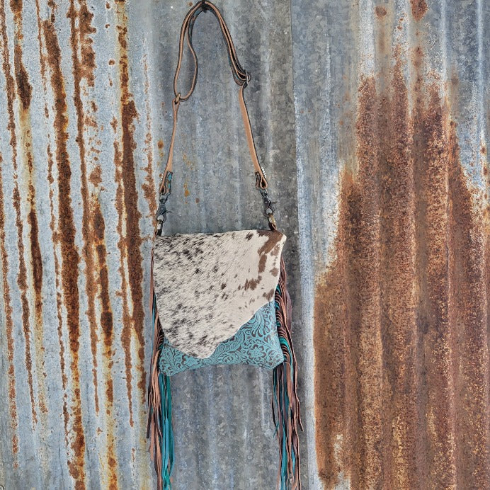 Turquoise and Leather Conceal Carry Crossbody, 24" Adjustable Strap, Cowhide Flap, Fringe - Myra