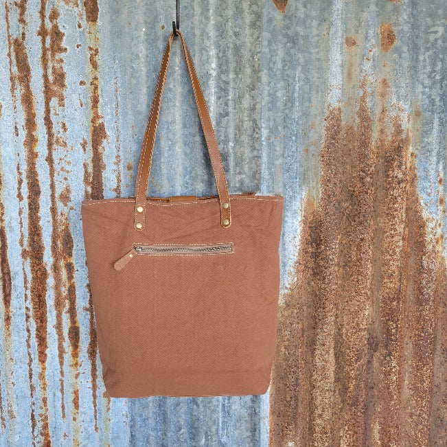 Large Canvas, Leather, Cowhide, Hand-Tooled Floral Accent Tote, 12" Leather Shoulder Straps - Myra