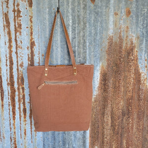 Large Canvas, Leather, Cowhide, Hand-Tooled Floral Accent Tote, 12" Leather Shoulder Straps - Myra