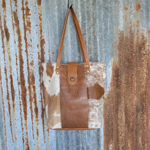 Large Canvas, Leather, Cowhide, Hand-Tooled Floral Accent Tote, 12" Leather Shoulder Straps - Myra