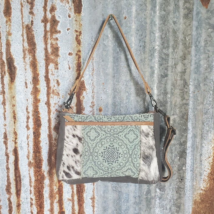 Turquoise Floral Pattern and Cowhide Dual Strap Front